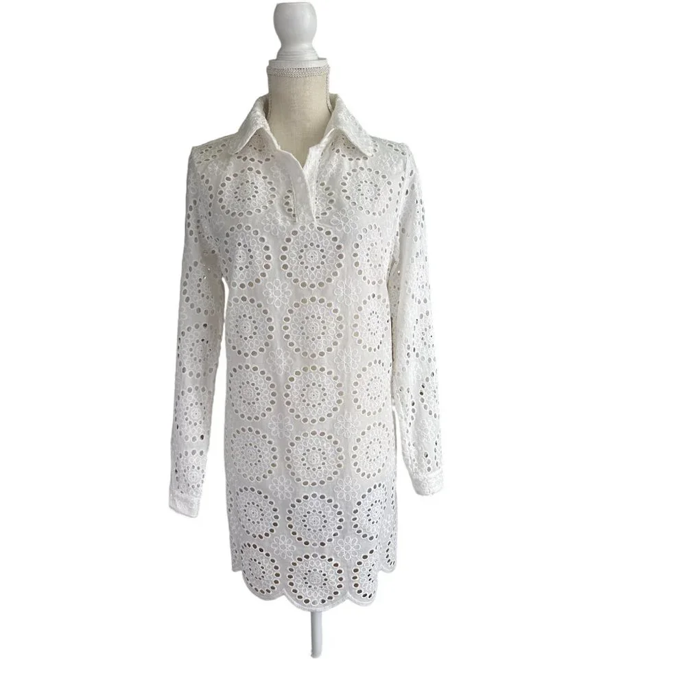 Cartolina Nantucket Beach Coverup Womens Large White Eyelet Dress Collared Pool